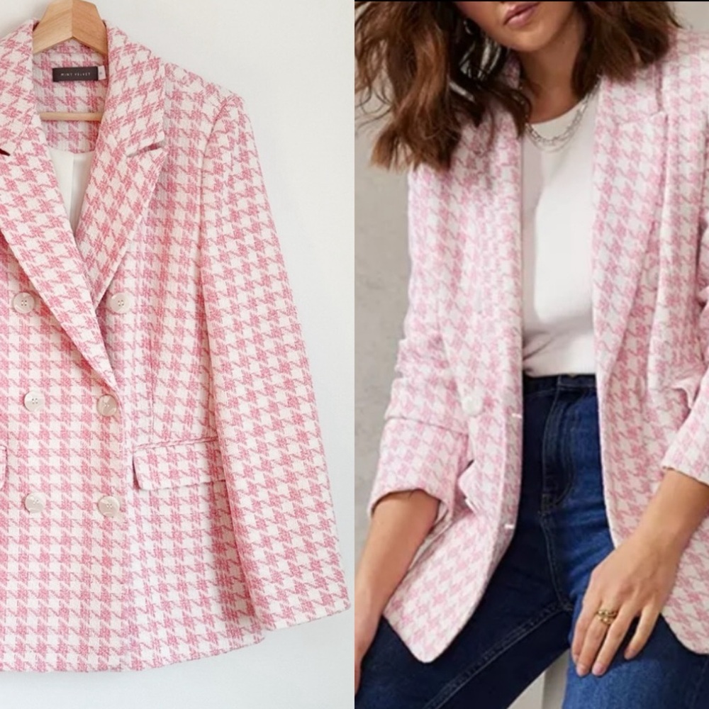 • NWOT! • Mint Velvet coton blend pink and white houndstooth blazer - Picture 1 of 11